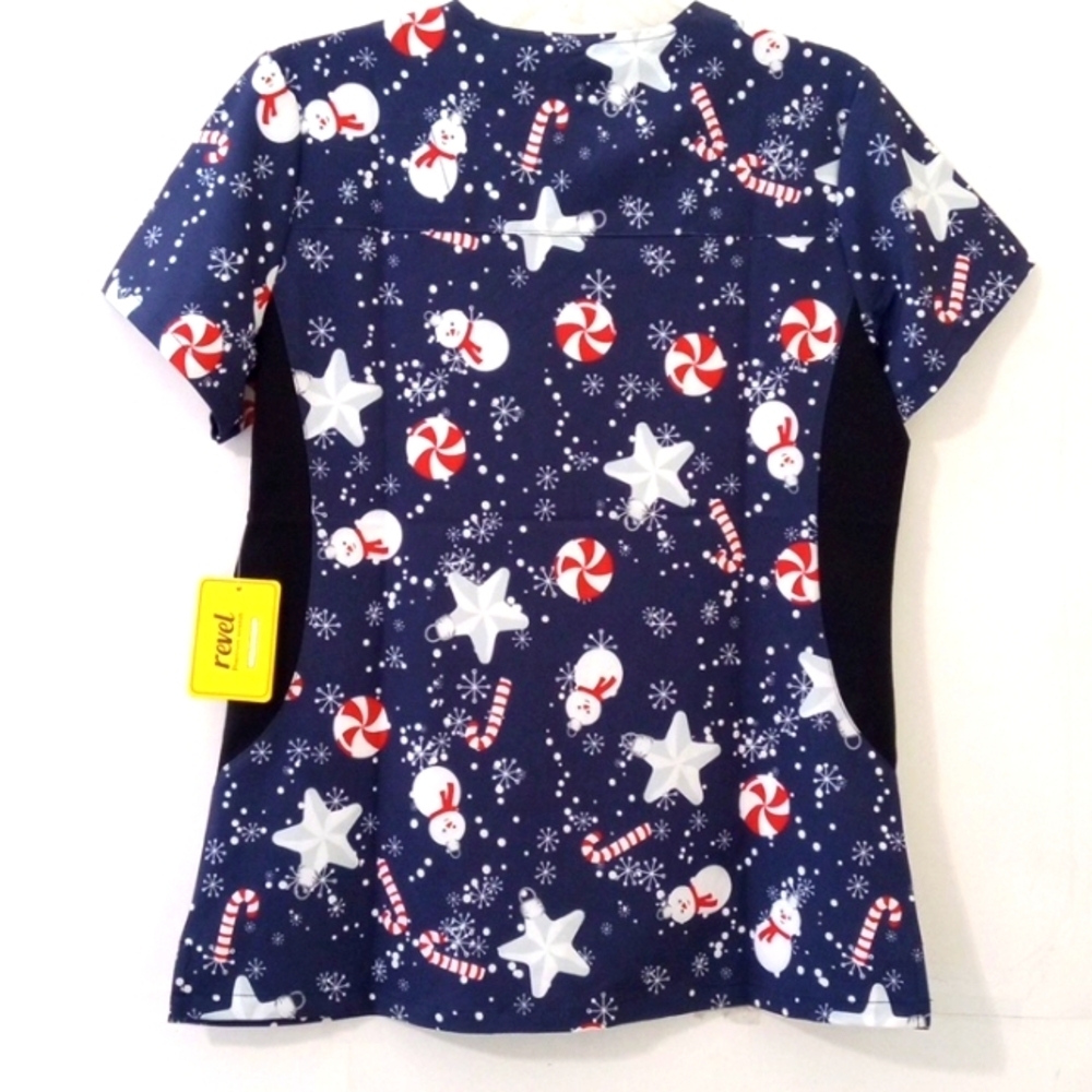 REVEL MEDICAL SCRUB TOP - Navy, Red, White - Candy Canes Snowman SIZE Medium NWT - Picture 9 of 13
